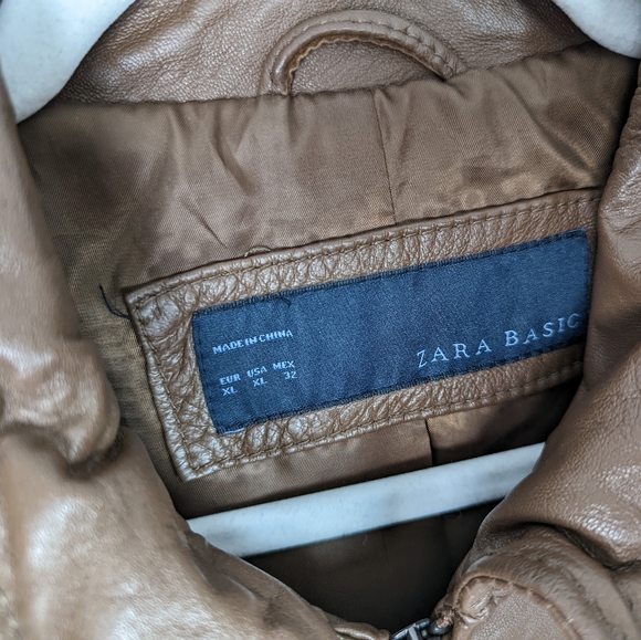 ZARA Basic XL Lambs Leather Brown Tan Moto Jacket Coat Crop Zipper Sleeves - Picture 7 of 9